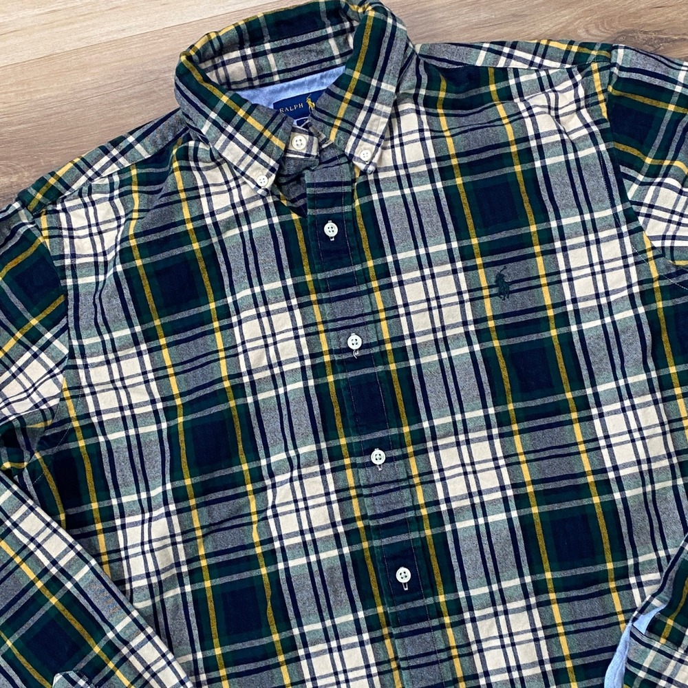 Ralph Lauren Flannel Shirt L Plaid Cotton Classic Fit Green Navy Yellow